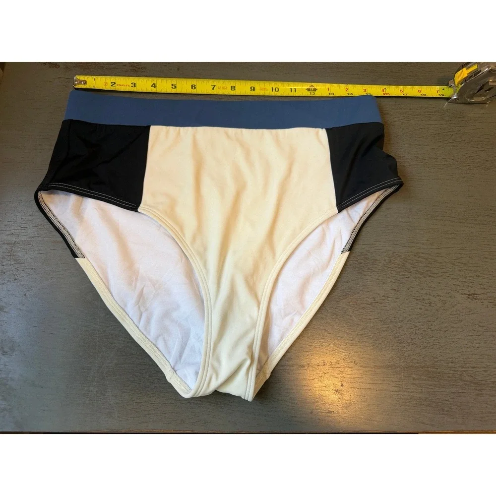 Boden Colorblock High Waisted Bikini Bottoms Blue Black Cream US 12 S0192
